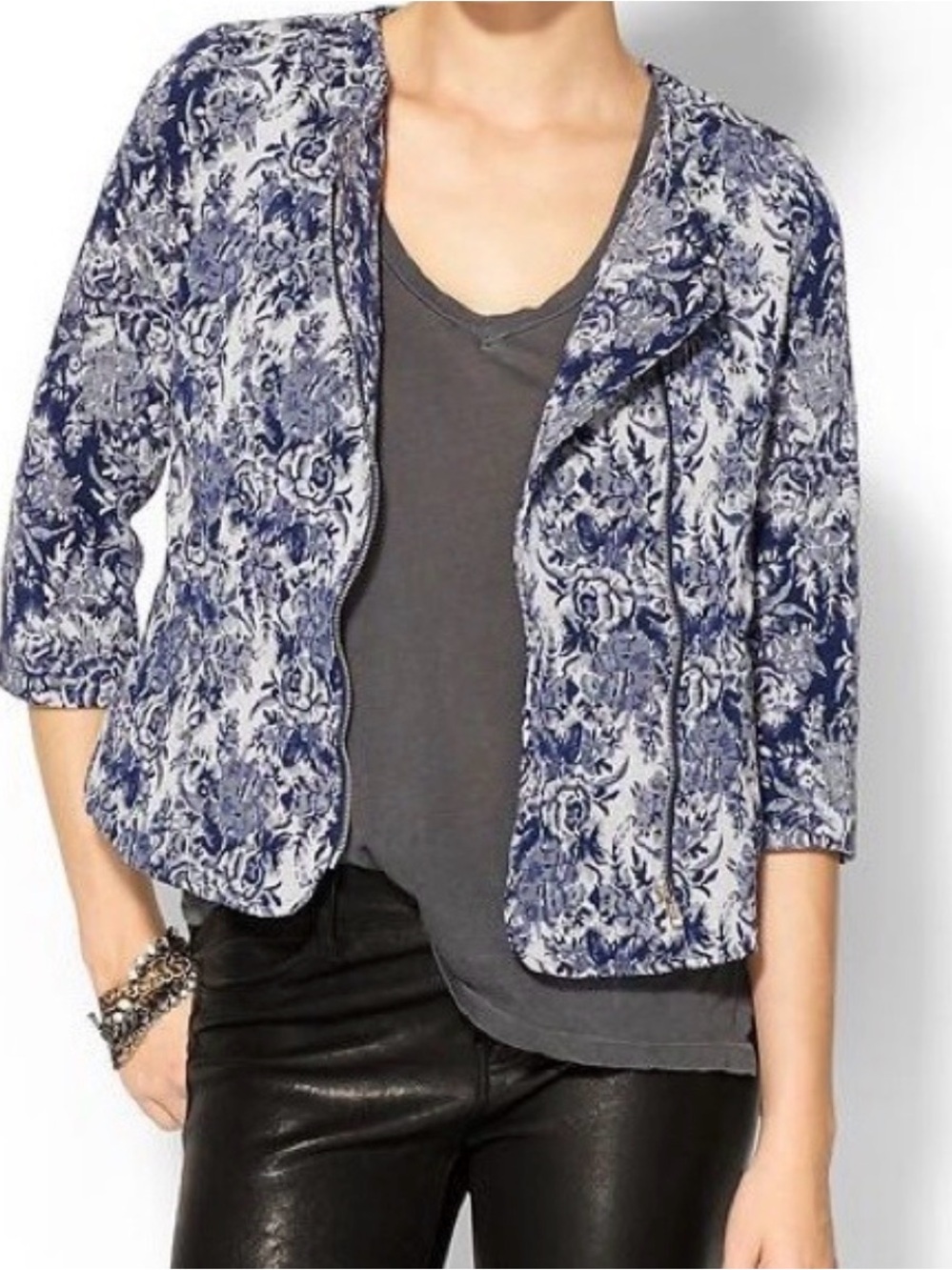 Sabine Blue and White Floral Open-Front Jacket